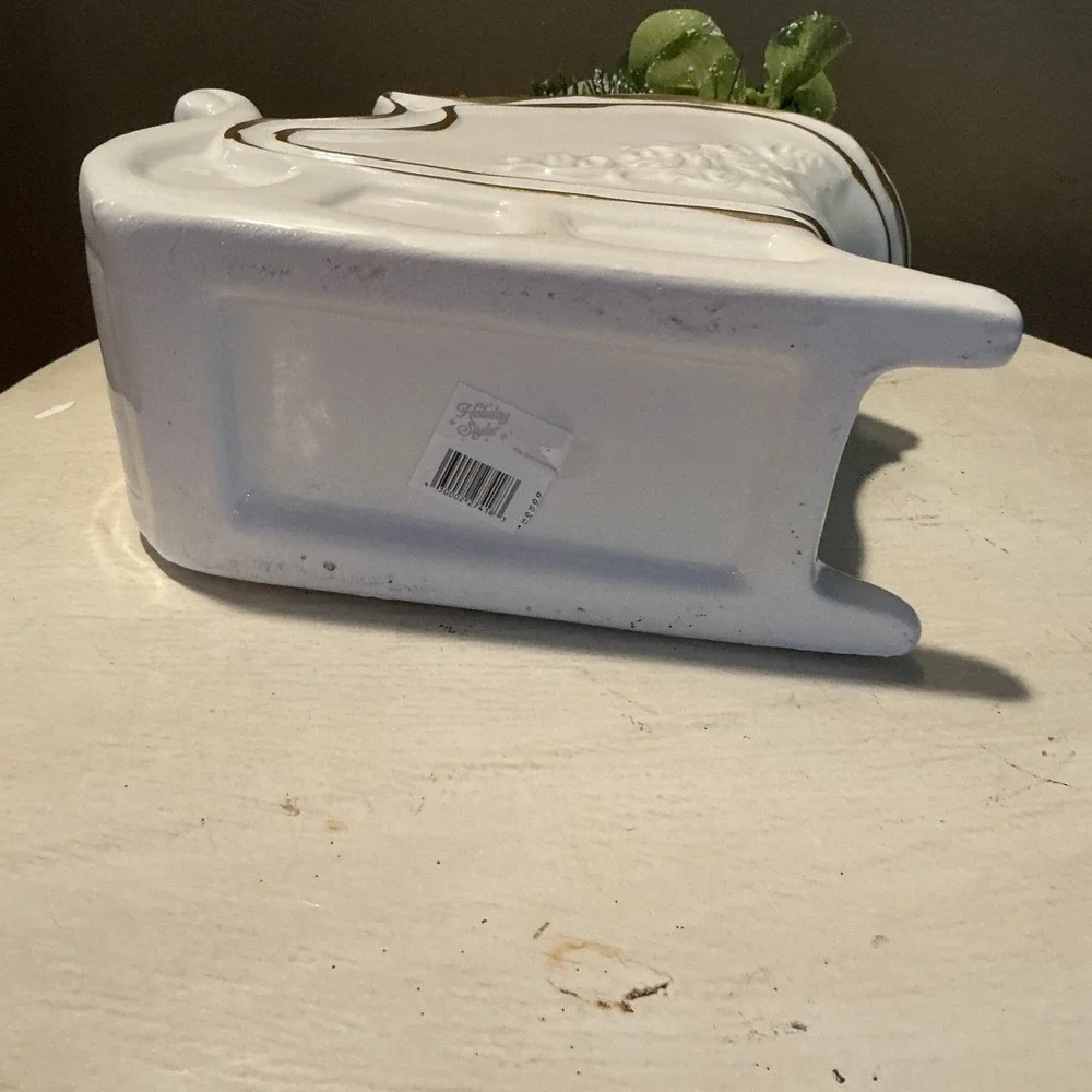 White Ceramic Sleigh Planter Christmas Decor‎ Gold Trim Frosted Greenery Fill
